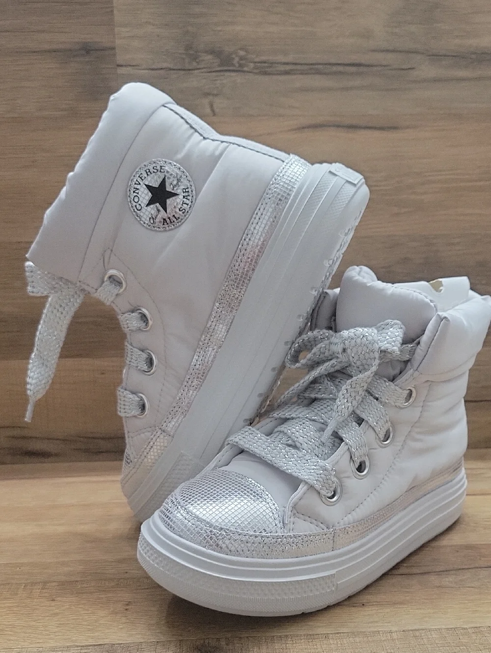 Converse White High-Top Kids Sneakers with Silver Accents